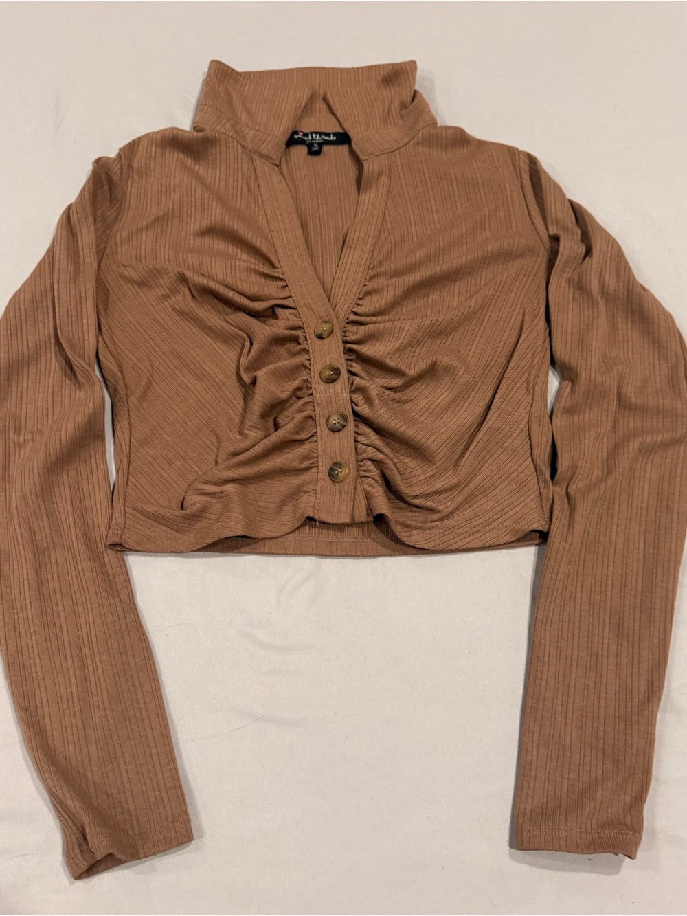 Cropped Ruched Button-Front Long Sleeve Top - Brown
